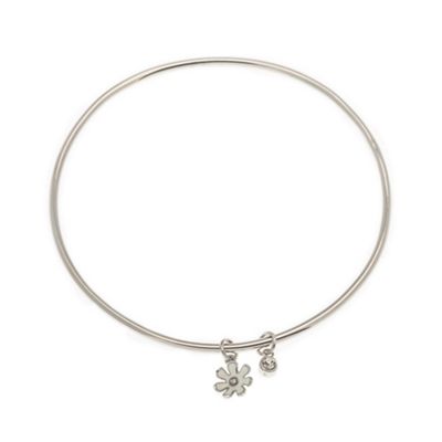 Rhodium Bangle with Crystal and White Flower Charms
